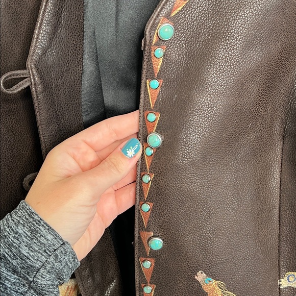 Patricia Wolf brown leather horses jacket turquoise stone details women’s large - Picture 4 of 12